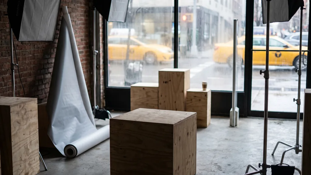 An empty New York pop-up retail space before opening, with plywood display plinths, a roll of vinyl graphics, lighting stands and cold light through a storefront window