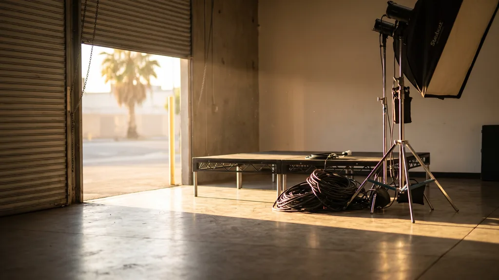 An empty Los Angeles brand activation set before doors, with a modular stage riser, coiled cables, a lighting stand and warm afternoon light through a roller door