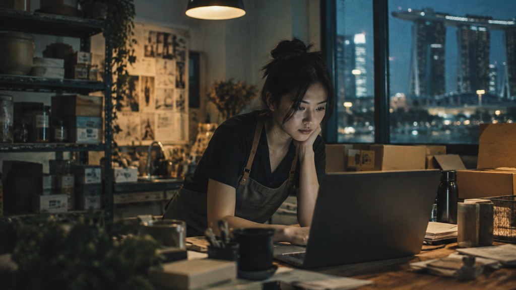 A small-business owner in an apron leaning over a laptop on a cluttered back-office desk late in the day, photographed in Singapore