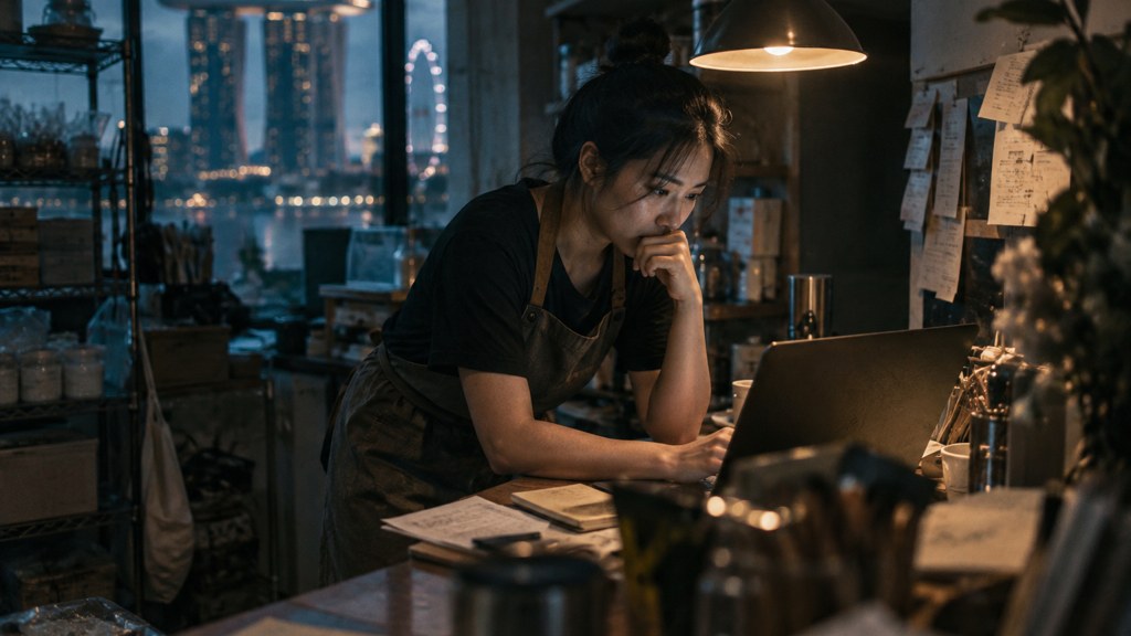 A small-business owner in an apron leaning over a laptop on a cluttered back-office desk late in the day, photographed in Singapore
