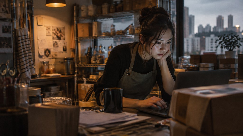 A small-business owner in an apron leaning over a laptop on a cluttered back-office desk late in the day, photographed in Singapore