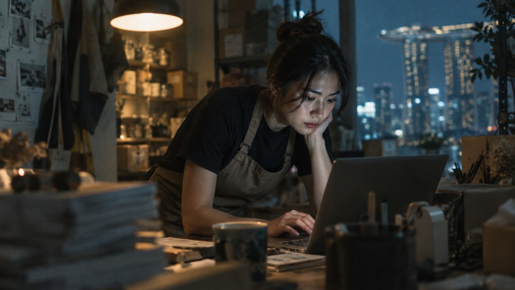 A small-business owner in an apron leaning over a laptop on a cluttered back-office desk late in the day, photographed in Singapore