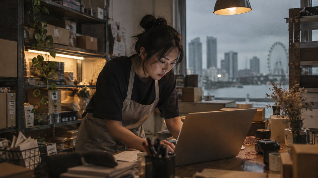 A small-business owner in an apron leaning over a laptop on a cluttered back-office desk late in the day, photographed in Singapore