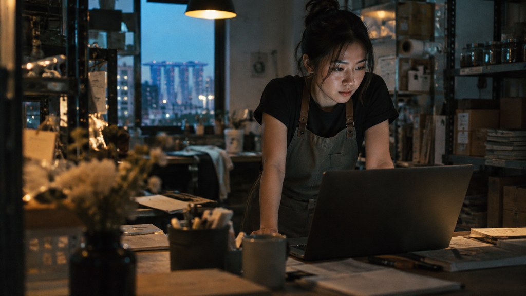 A small-business owner in an apron leaning over a laptop on a cluttered back-office desk late in the day, photographed in Singapore