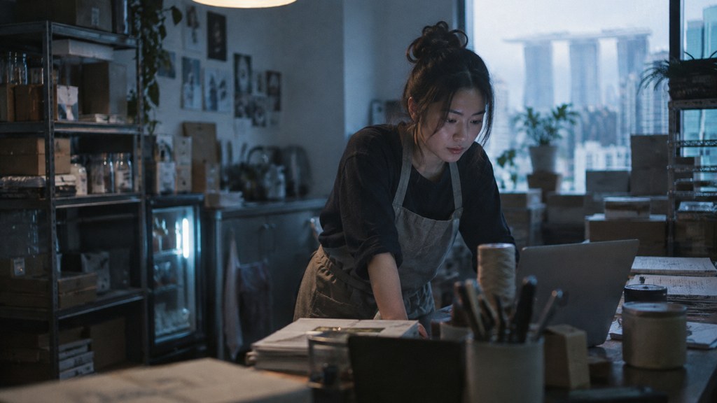 A small-business owner in an apron leaning over a laptop on a cluttered back-office desk late in the day, photographed in Singapore