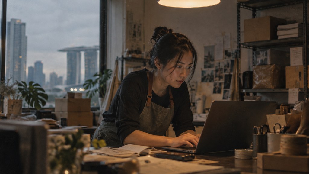 A small-business owner in an apron leaning over a laptop on a cluttered back-office desk late in the day, photographed in Singapore
