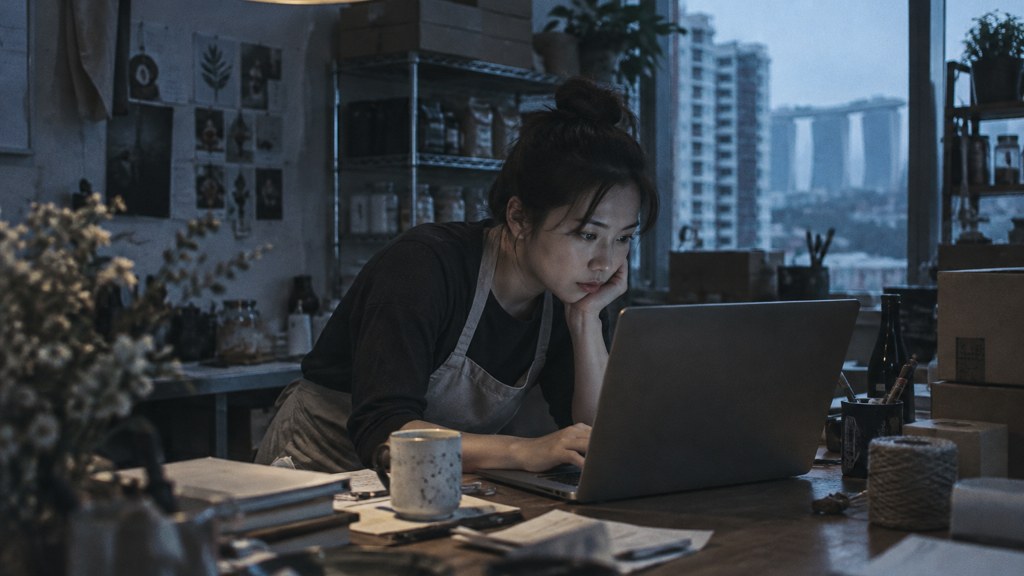 A small-business owner in an apron leaning over a laptop on a cluttered back-office desk late in the day, photographed in Singapore