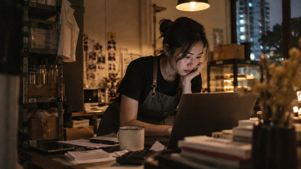 A small-business owner in an apron leaning over a laptop on a cluttered back-office desk late in the day, photographed in Singapore
