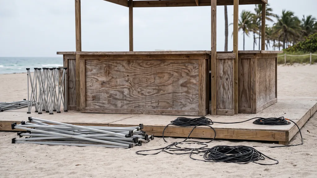 An empty Miami beachfront brand activation set before doors, a modular plywood bar, coiled cables, folded canopy frames and bright humid light