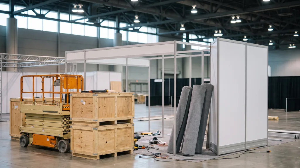 An empty Chicago trade show booth mid build, plywood crates, a scissor lift, rolled carpet and cool overhead hall lighting
