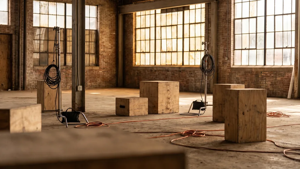 An empty Atlanta warehouse activation space before load-in, plywood plinths, lighting stands, cable runs and warm light through steel windows