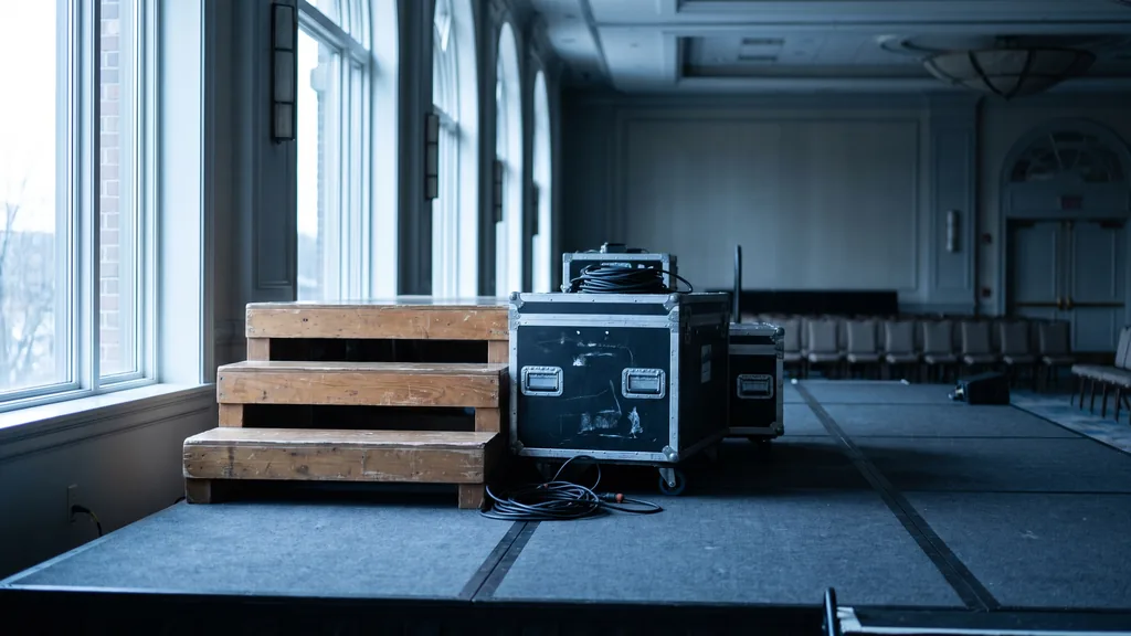 An empty Boston conference hall stage before doors, modular risers, coiled cables, flight cases and cold morning light through tall windows