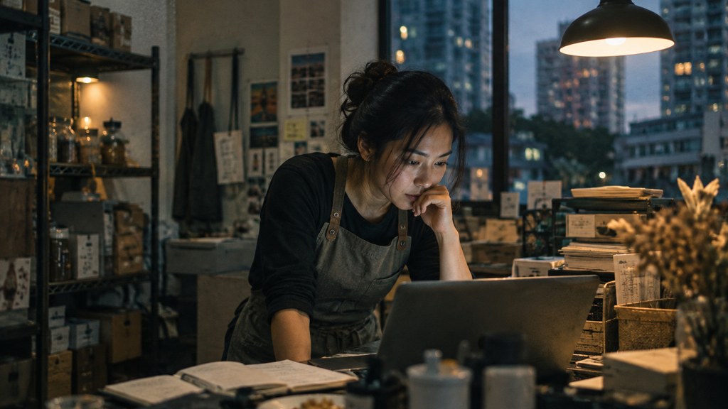 A small-business owner in an apron leaning over a laptop on a cluttered back-office desk late in the day, photographed in Singapore