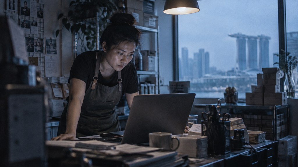 A small-business owner in an apron leaning over a laptop on a cluttered back-office desk late in the day, photographed in Singapore