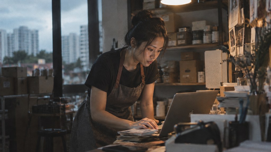 A small-business owner in an apron leaning over a laptop on a cluttered back-office desk late in the day, photographed in Singapore