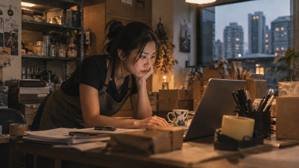 A small-business owner in an apron leaning over a laptop on a cluttered back-office desk late in the day, photographed in Singapore