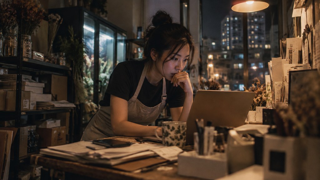 A small-business owner in an apron leaning over a laptop on a cluttered back-office desk late in the day, photographed in Singapore