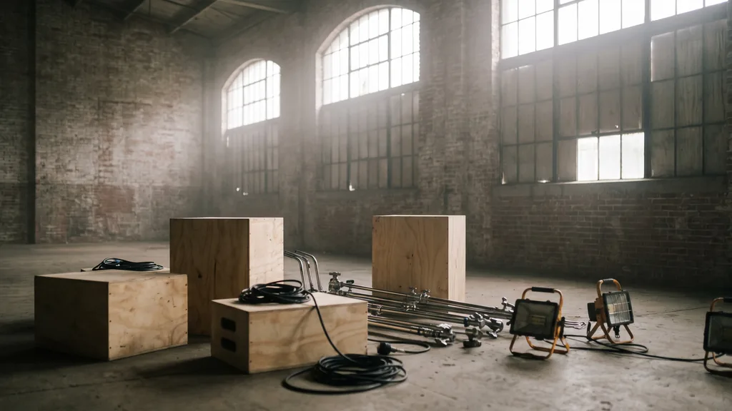 An empty San Francisco warehouse activation space before load-in, plywood plinths, coiled cables, lighting stands and soft fog light through tall windows