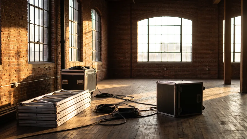 An empty Philadelphia brick loft event space before doors, modular staging, flight cases, cable runs and low afternoon light