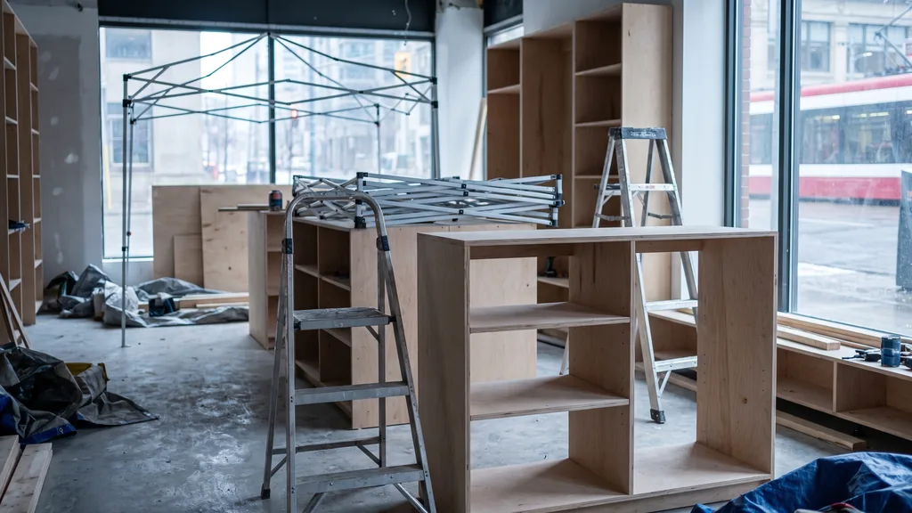 An empty Toronto pop-up retail activation space mid build, plywood fixtures, folded canopy frames, ladders and cool daylight