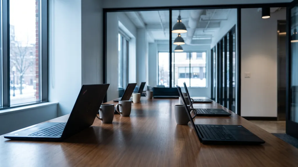 An empty Boston office meeting room before a pipeline review, long table, closed laptops, glass wall onto a corridor, cold morning light