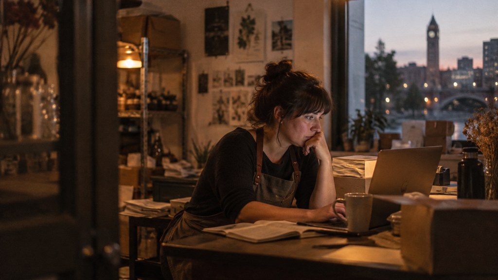 A small-business owner in an apron leaning over a laptop on a cluttered back-office desk late in the day, photographed in Spokane