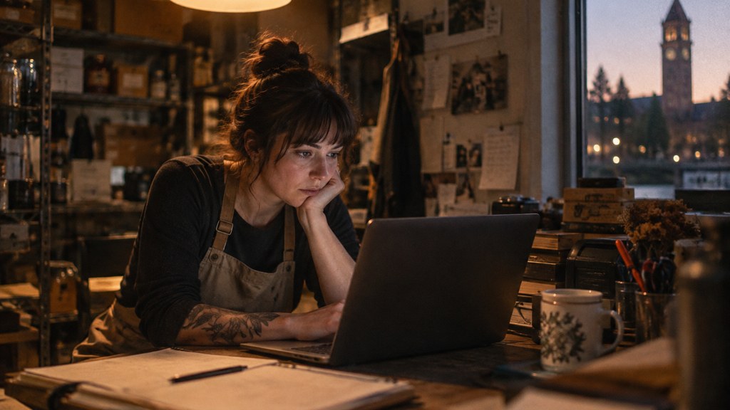 A small-business owner in an apron leaning over a laptop on a cluttered back-office desk late in the day, photographed in Spokane