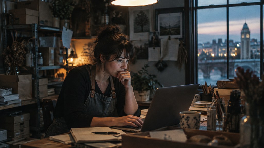 A small-business owner in an apron leaning over a laptop on a cluttered back-office desk late in the day, photographed in Spokane
