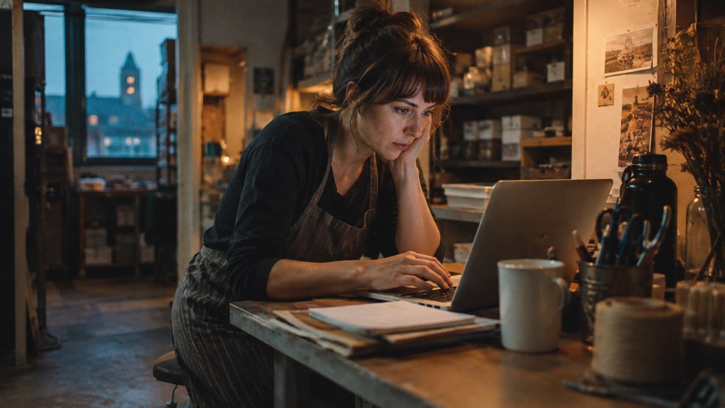 A small-business owner in an apron leaning over a laptop on a cluttered back-office desk late in the day, photographed in Spokane