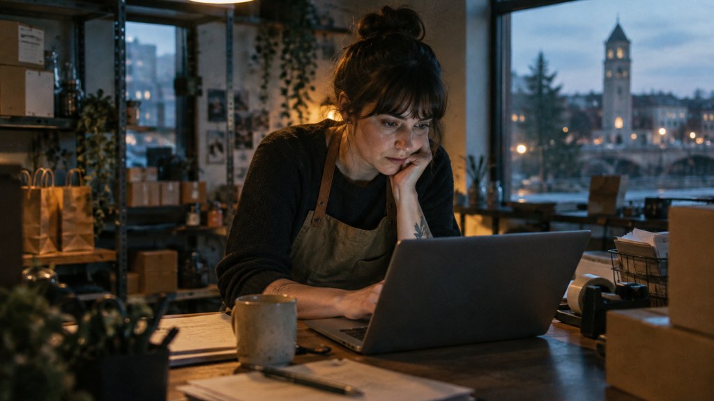 A small-business owner in an apron leaning over a laptop on a cluttered back-office desk late in the day, photographed in Spokane