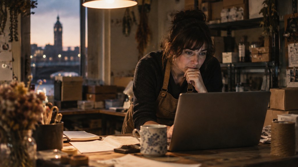 A small-business owner in an apron leaning over a laptop on a cluttered back-office desk late in the day, photographed in Spokane