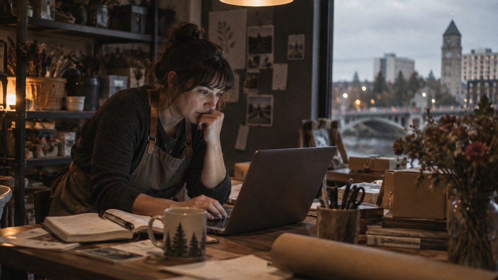 A small-business owner in an apron leaning over a laptop on a cluttered back-office desk late in the day, photographed in Spokane