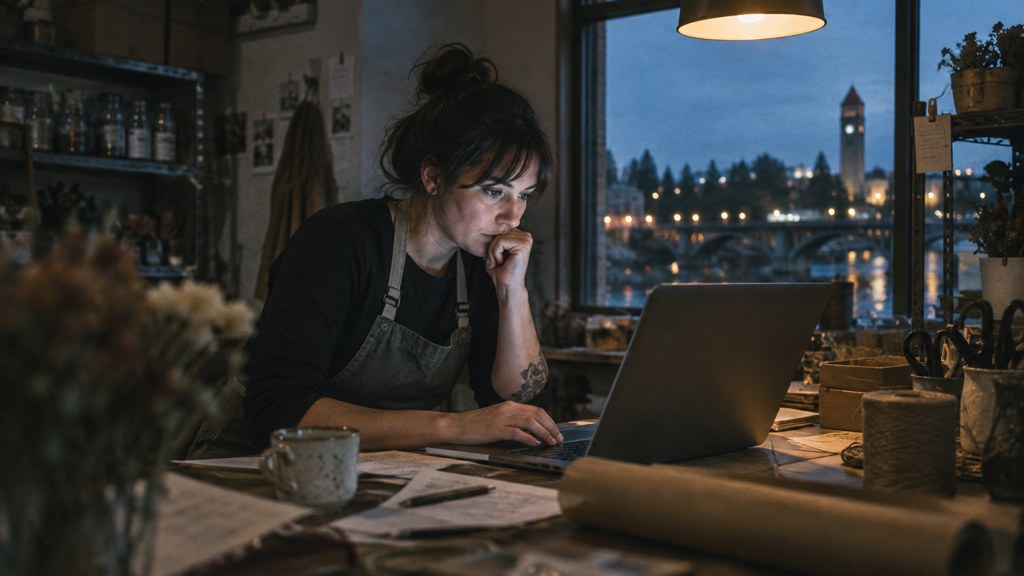 A small-business owner in an apron leaning over a laptop on a cluttered back-office desk late in the day, photographed in Spokane