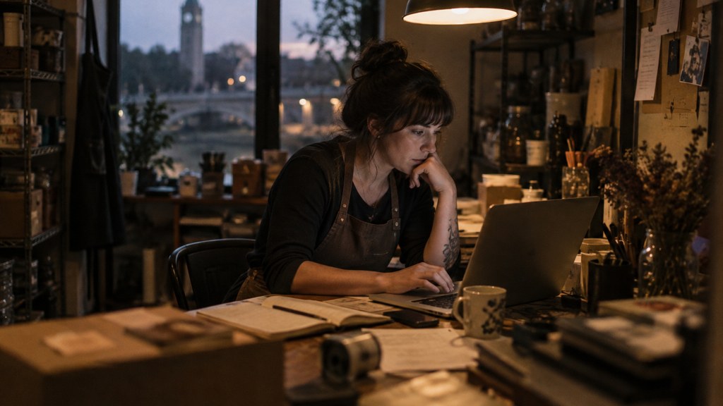 A small-business owner in an apron leaning over a laptop on a cluttered back-office desk late in the day, photographed in Spokane