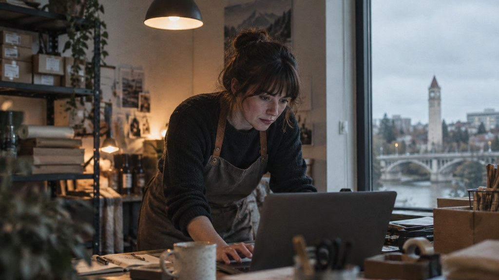 A small-business owner in an apron leaning over a laptop on a cluttered back-office desk late in the day, photographed in Spokane