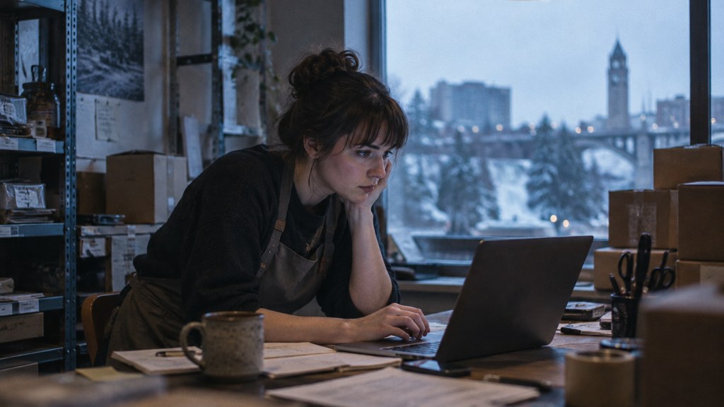 A small-business owner in an apron leaning over a laptop on a cluttered back-office desk late in the day, photographed in Spokane