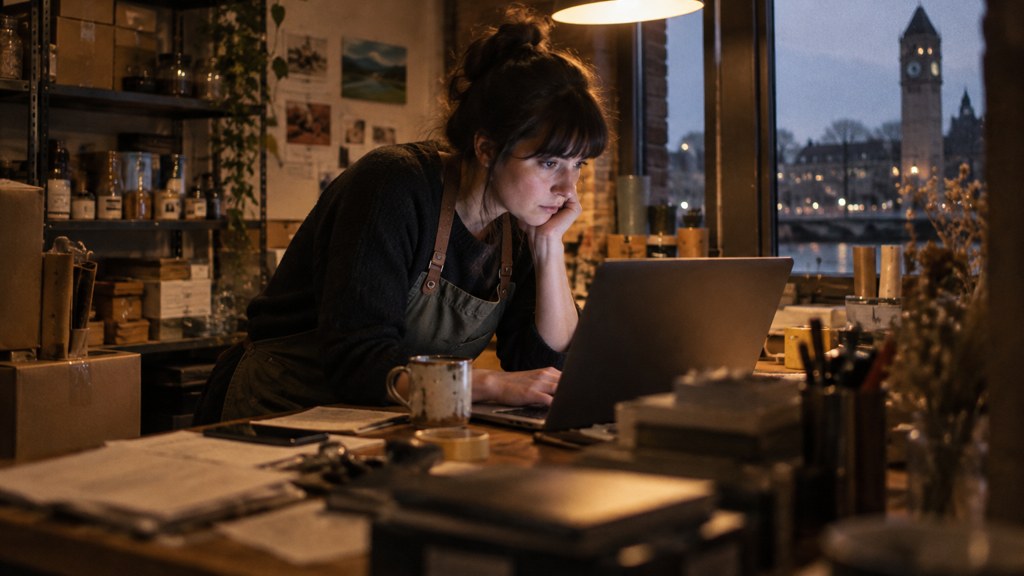 A small-business owner in an apron leaning over a laptop on a cluttered back-office desk late in the day, photographed in Spokane