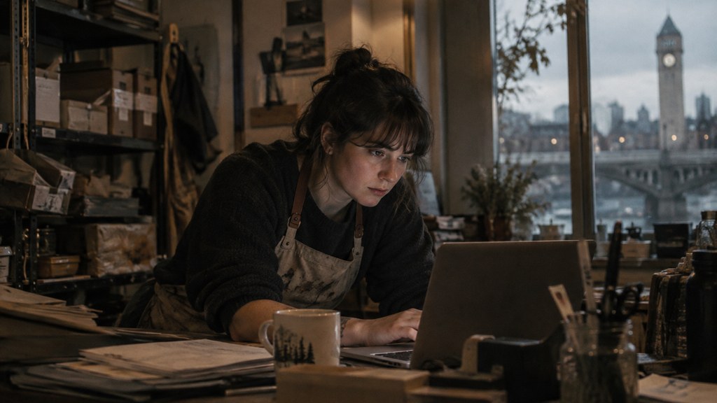A small-business owner in an apron leaning over a laptop on a cluttered back-office desk late in the day, photographed in Spokane