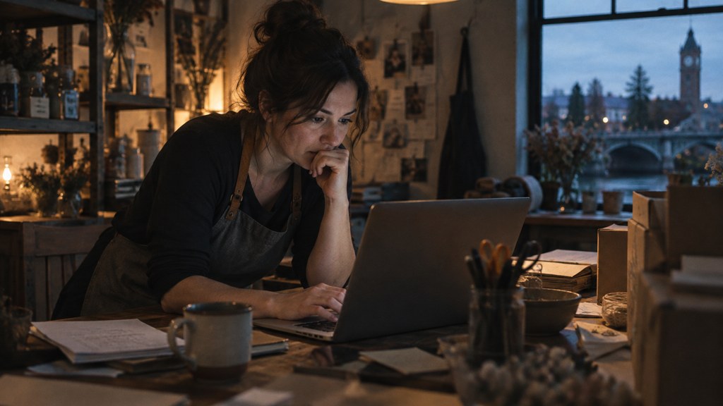 A small-business owner in an apron leaning over a laptop on a cluttered back-office desk late in the day, photographed in Spokane
