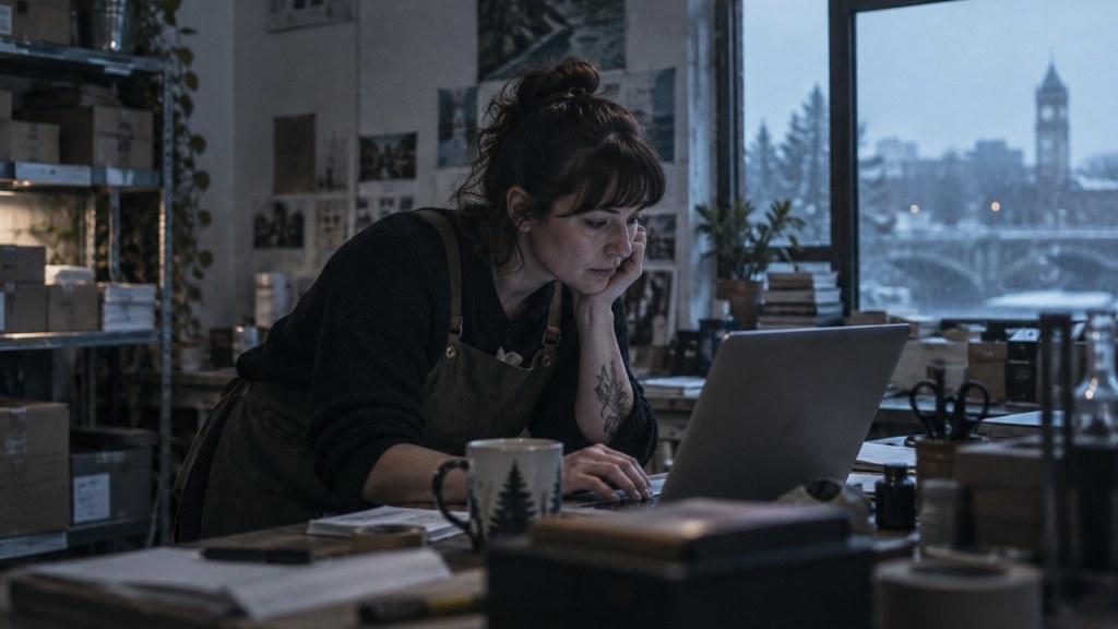 A small-business owner in an apron leaning over a laptop on a cluttered back-office desk late in the day, photographed in Spokane