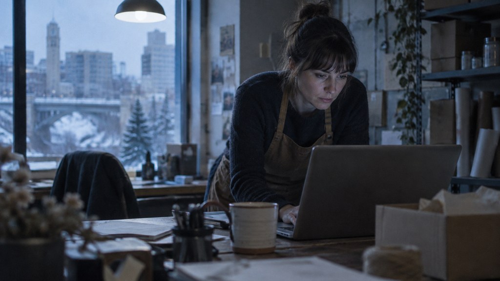 A small-business owner in an apron leaning over a laptop on a cluttered back-office desk late in the day, photographed in Spokane