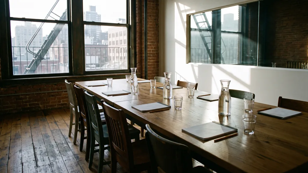 An empty New York focus group viewing room before a session, one-way glass, water glasses on a long table, notepads, cold morning light