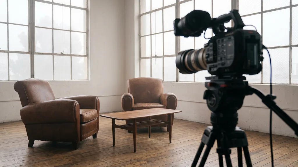 An empty San Francisco insights studio before an interview, camera on a tripod, two chairs, soft fog light through tall windows