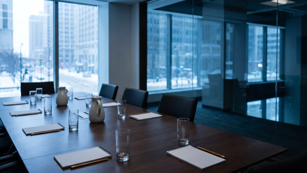 An empty Chicago focus group viewing room before a session, one-way glass, water glasses on a long table, notepads, cold winter light
