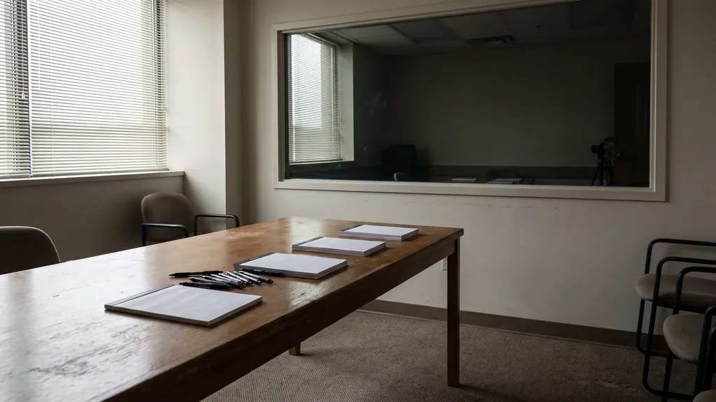 An empty Toronto research viewing facility before a session, one-way glass, notepads and pens on a table, pale daylight through blinds
