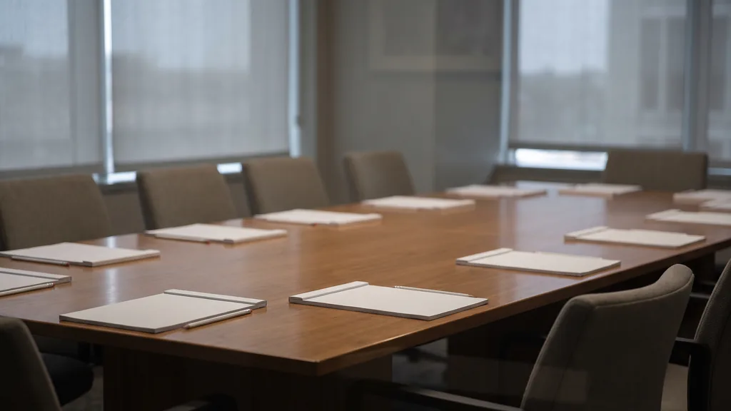 An empty Philadelphia focus group room before a session, one-way glass, notepads on a long table, soft grey daylight