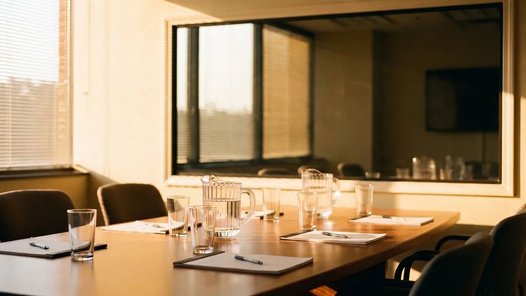 An empty Atlanta research viewing room before a session, one-way glass, water glasses and notepads, warm daylight through blinds