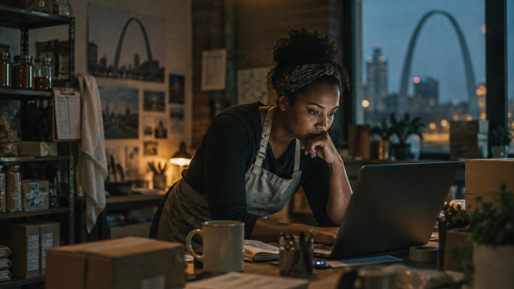 A small-business owner in an apron leaning over a laptop on a cluttered back-office desk late in the day, photographed in St. Louis