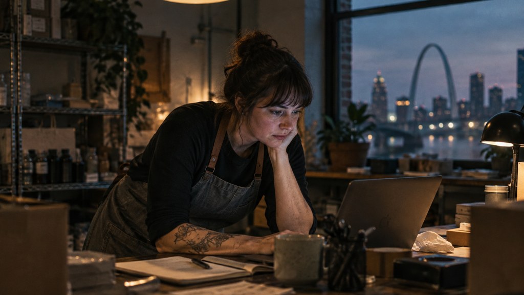 A small-business owner in an apron leaning over a laptop on a cluttered back-office desk late in the day, photographed in St. Louis