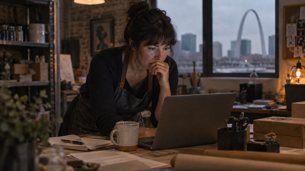A small-business owner in an apron leaning over a laptop on a cluttered back-office desk late in the day, photographed in St. Louis